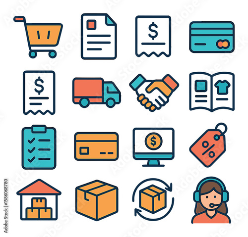 purchasing process and workflow modern flat style. shopping cart, purchase order, invoice, payment method, receipt, delivery truck, supplier handshake, product catalog