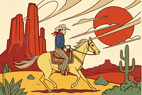 Cowboy riding horse in desert landscape with mesas and sun