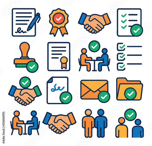 confirmation in business and contracts modern flat style. signed contract, agreement seal, business handshake, approval document, contract stamp, official letter, meeting