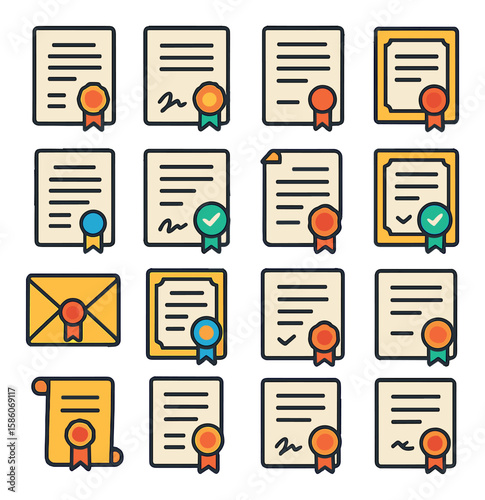 seal approved documents and certificates modern flat style. signed certificate, contract with seal, diploma with stamp, legal document with wax seal, official letter