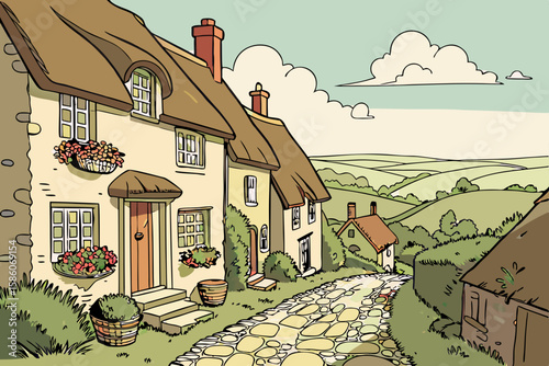 Idyllic village scene with thatched cottages and rolling hills