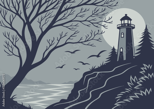 Lighthouse on cliff with bare tree and birds ocean