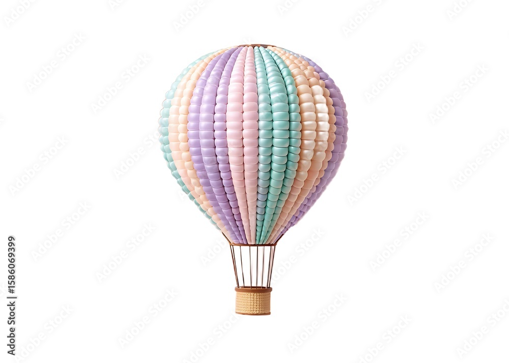 Obraz premium A charming pastel striped hot air balloon toy, isolated on white background, evokes a sense of whimsical adventure and dreamy decorations