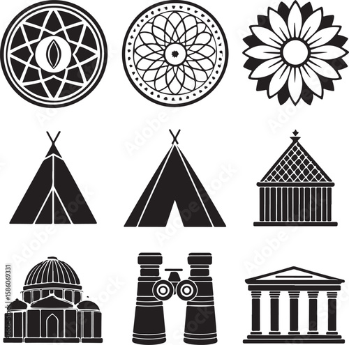 Black silhouette icons of geometric shapes buildings and binoculars