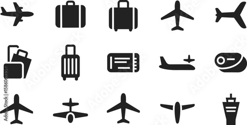 Aircraft luggage and ticket icons airplane suitcase