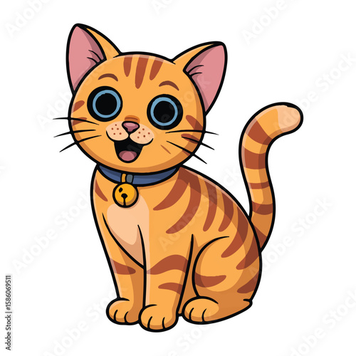 Vector art of a cute cartoon orange tabby cat with a bell collar is isolated on white background