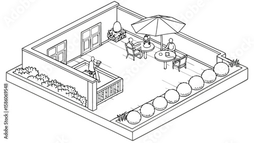Vector art of an isometric sketch of an outdoor patio with people relaxing isolated on transparent background