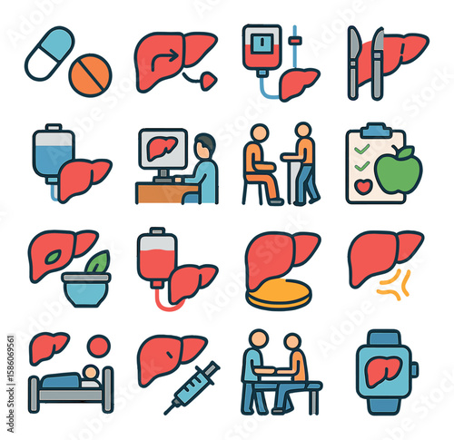 liver treatment and therapies modern flat style. medication pills, liver transplant, dialysis, surgery tools, IV fluids, doctor consultation, rehabilitation, nutrition