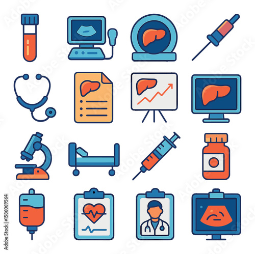 liver diagnostics and medical tools modern flat style. blood test vial, ultrasound machine, MRI scan, biopsy needle, stethoscope, medical report, liver enzyme chart