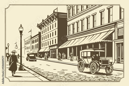 Vintage street scene with people and automobiles vector