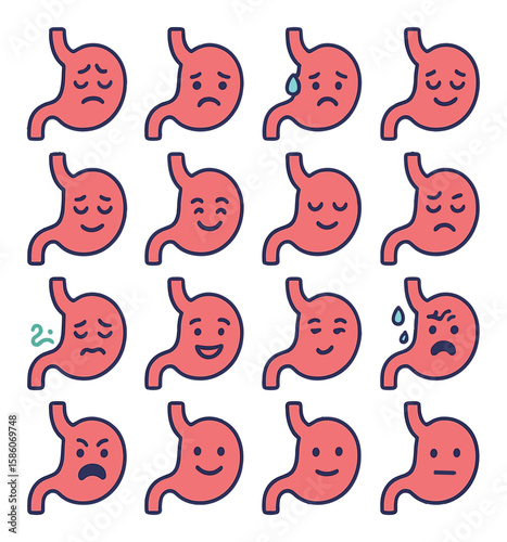 stomach in emotions and feelings modern flat style. discomfort face, sad face, tired face, worried face, relaxed face, smiling face, calm expression, pain expression