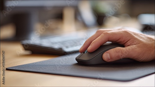 Hand using a gray wireless computer mouse on a dark desk mat