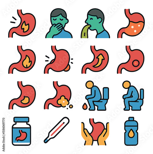 stomach health and symptoms modern flat style. stomach ache, nausea, vomiting, indigestion, heartburn, bloating, acid reflux, ulcer, cramps, gas, diarrhea, constipation