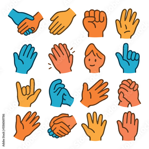 hand emotions and expressions modern flat style. helping hand, comforting hand, angry fist, nervous fingers, relaxed hand, excited clap, shy hand, confident gesture