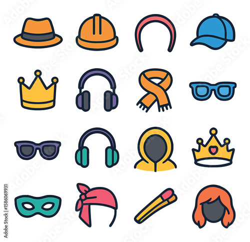 headwear and accessories modern flat style. hat, helmet, headband, cap, crown, headphones, scarf, glasses, sunglasses, earmuffs, hood, tiara, mask, bandana, hair clip