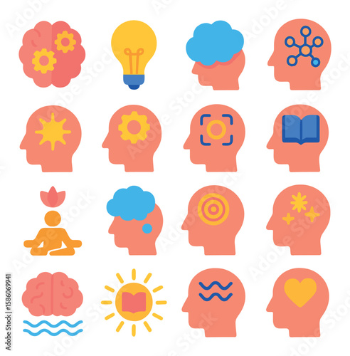head and mind concepts modern flat style. brain with gears, idea light bulb, thought cloud, mind map, creativity spark, intelligence icon, mental focus, learning