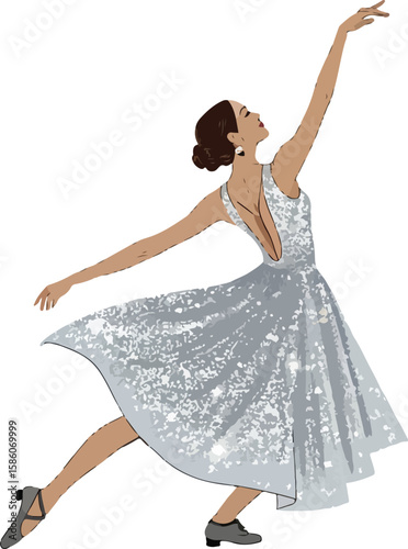 An artistic female dancer twirling with charm and grace in a traditional flowing costume.