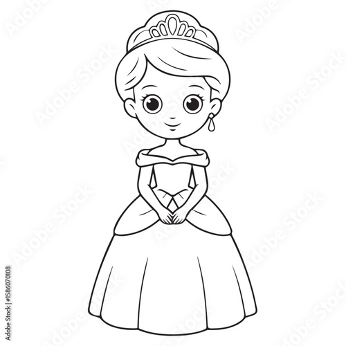 Vector art of a cute cartoon princess with a crown and elegant dress isolated on white background