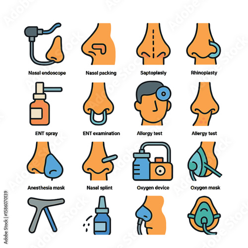 nose medical procedures and equipment modern flat style. nasal endoscope, nasal packing, septoplasty, rhinoplasty, nasal spray, nose clip, ENT examination, allergy test