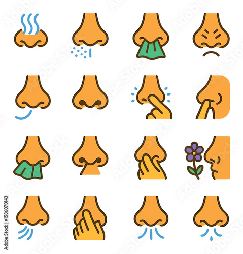 nose actions and movements modern flat style. sniffing, sneezing, blowing nose, wrinkling nose, smelling, breathing, twitching nose, scratching nose, wiping nose, flaring
