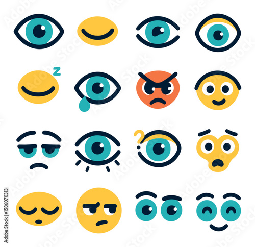 eye expressions and emotions modern flat style. open eye, closed eye, winking eye, surprised eye, sleepy eye, crying eye, angry eye, happy eye, tired eye, focused eye