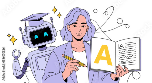 A woman with a pencil holds an open book with a large letter 'A', while a friendly robot with a graduation cap stands nearby, symbolizing education and AI learning.