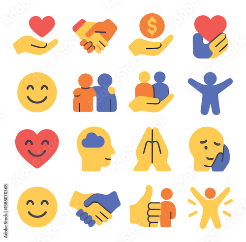 gratis emotions and social acts modern flat style. kindness, sharing, generosity, gratitude, helping hand, smiling face, friendship, community support, open arms, happy