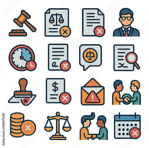 unpaid legal and administrative modern flat style. court gavel, legal papers, contract unsigned, lawyer, clock with deadline, unpaid fine, legal advice, document review