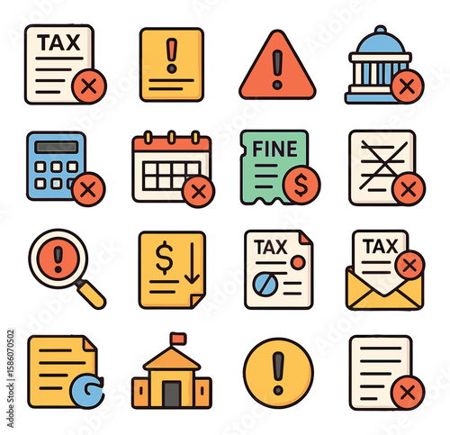 unpaid taxes and fines modern flat style. tax form, overdue notice, warning symbol, government building, calculator, calendar, fine ticket, crossed-out payment, penalty