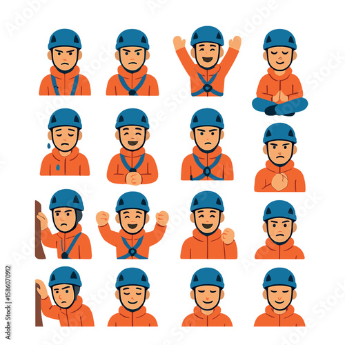 alpinist emotions and expressions modern flat style. focused face, determination, exhilaration, calm meditation, fatigue, joy, anticipation, concentration, relief