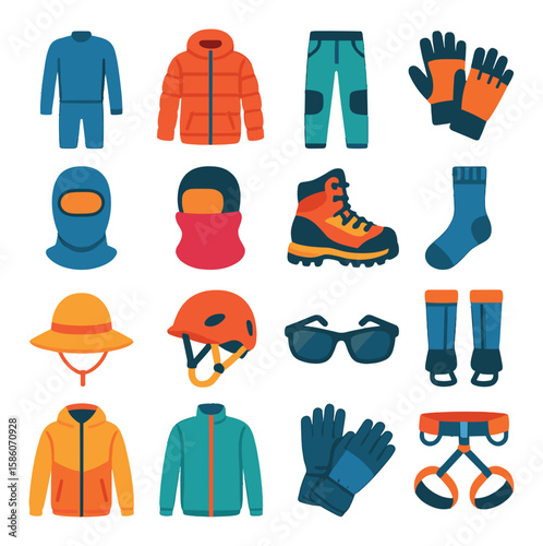alpinist clothing and apparel modern flat style. thermal base layer, insulated jacket, waterproof pants, climbing gloves, balaclava, neck gaiter, climbing boots, wool