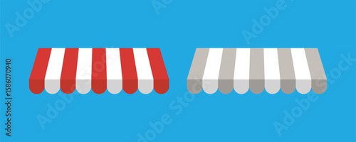 Red and white sunshade. Shelter for the store. Outdoor tent for shop, market and cafe symbol