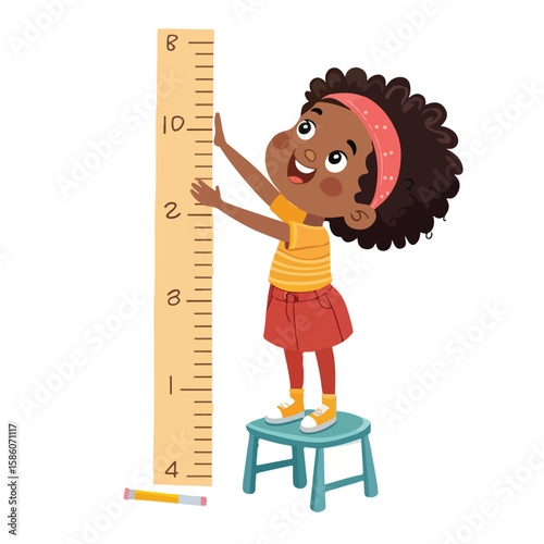 A confident girl measuring her height against a ruler, showing excitement and personal growth.
