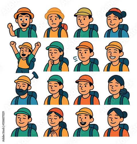 hiking emotions and experiences modern flat style. exhilarated face, tired but happy, focused expression, peaceful smile, excited jump, contemplative look, relaxed breath