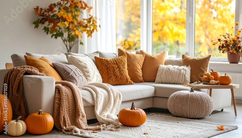 Cozy autumn living room with fall decor
