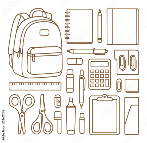 Back to School Essentials. backpack, notebook, pencil, pen, eraser, ruler, calculator, glue stick, scissors, sharpener, highlighter, binder, paper clips, sticky notes