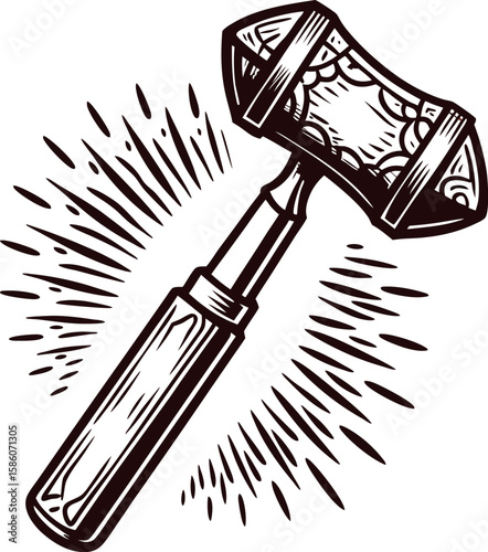 Vintage engraved illustration of a wooden judge gavel with burst lines in retro