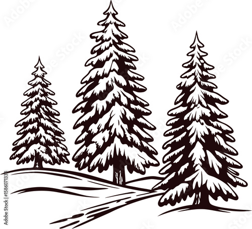 Snow covered pine trees and rolling hills hand drawn in vintage engraving illustration
