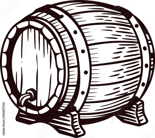 Vintage hand drawn wooden barrel illustration with tap and woodgrain detail crosshatched in classic engraved