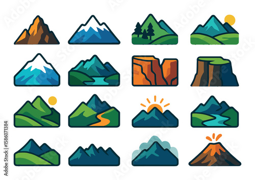 mountain landscapes and terrains modern flat style. rocky peak, snow-capped mountain, forested slope, alpine meadow, glacier, mountain lake, canyon, cliff edge, valley
