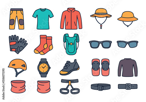 climbing apparel and accessories modern flat style. climbing pants, breathable shirt, climbing jacket, sun hat, climbing gloves, climbing socks, hydration pack
