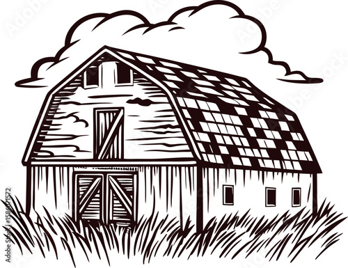Rustic wooden barn with weathered boards and shingle roof in grassy rural landscape sketch