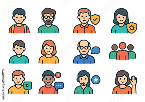 educational website user roles modern flat style. student avatar, teacher avatar, admin icon, moderator badge, guest user, parent profile, mentor figure, group icon, user