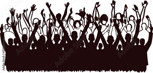 Excited cheering crowd silhouette with raised hands, festival audience people celebration isolated on white background