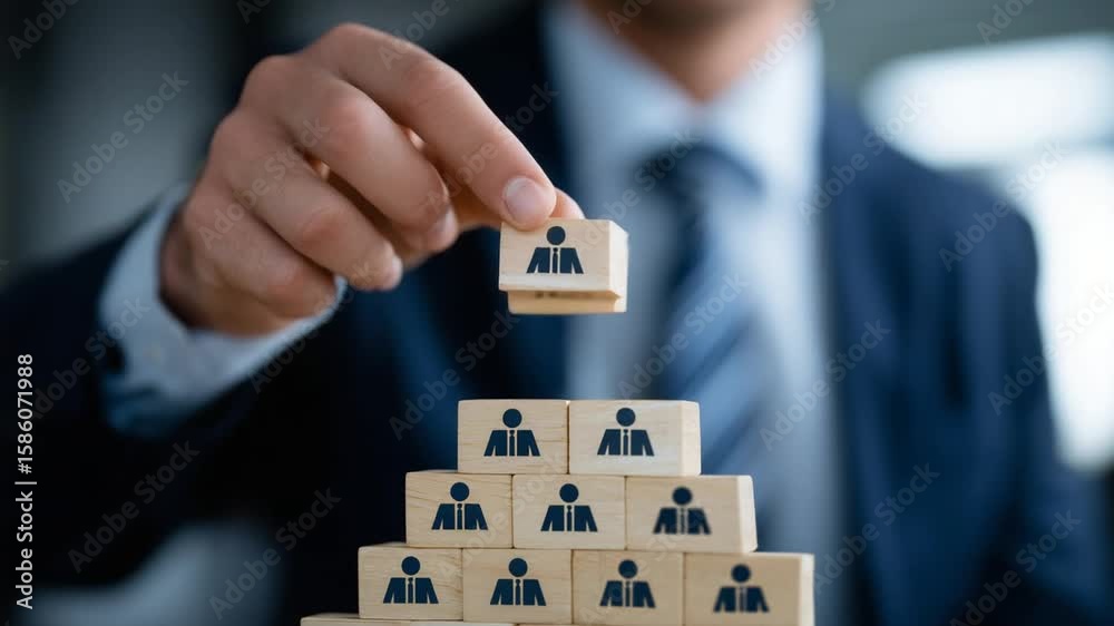 Executive arranges wooden pegs labeled with employee roles into a pyramid, illustrating team building and career planning.