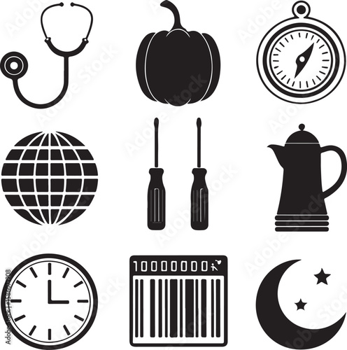 Black silhouette icons stethoscope pumpkin compass globe screwdrivers teapot clock