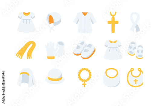 baptism attire and accessories modern flat style. christening gown, white bonnet, baptismal robe, cross pendant, baptismal sash, white gloves, baptism shoes, prayer shawl