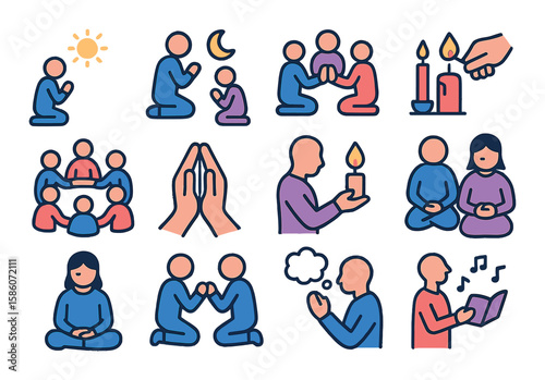 prayer events and rituals modern flat style. morning prayer, evening prayer, group prayer, candle lighting, prayer circle, blessing hands, prayer vigil, fasting prayer