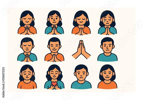 prayer emotions and moods modern flat style. peaceful face, hopeful expression, serene smile, tearful eyes, calm closed eyes, joyful prayer, thankful hands, earnest look