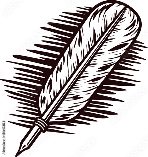 Intricately detailed feather quill pen illustration with hatching lines in vintage engraving